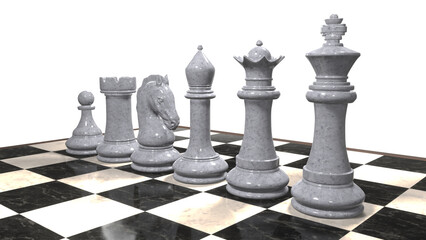 3d render of a set of white chess pieces on a marble board. White background.