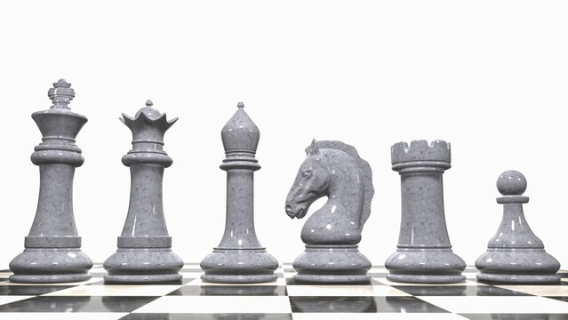 3d render of a set of white chess pieces on a marble board. White background.