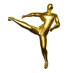 3d Render Gold Stickman - Karate Pose, perform a Kicking Position in the middle of the body