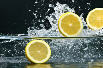 Fototapeta na wymiar Lemon slices in water in motion on a black background. AI generative.