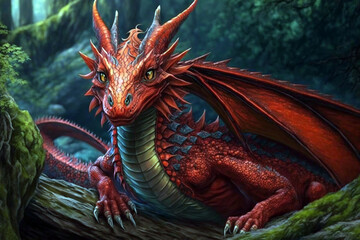 Red dragon on the nature background concept. Generative Ai illustration © Ruqqq