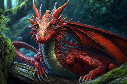 Red dragon on the nature background concept. Generative Ai illustration
