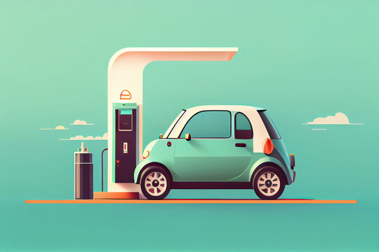 Electric car charging at an electric post. Generative AI