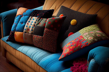 Interior of a living room with a sofa covered with patchwork pillows