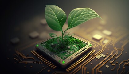 Green sprout on a computer chip, organic digital background, generative ai