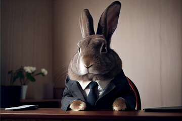 Portrait of a bunny dressed in a formal business suit with office background. Generative AI illustration