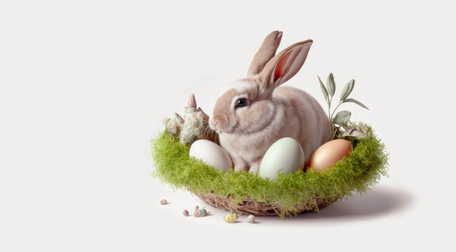 Easter bunny sitting in a basket with easter eggs - Generative AI