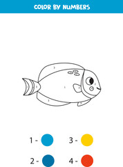 Color cute powder blue tang by numbers. Worksheet for kids.