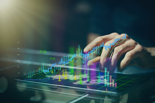 Business man working on new business strategy virtual tablet pad screen with graph map