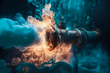 Metal pipes at bottom of sea burning after bang explosion, sabotage with explosion on Gas oil pipeline under water in fire. Generation AI - obrazy, fototapety, plakaty