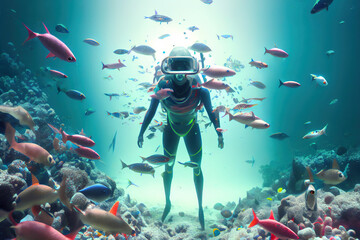 Naklejka na ściany i meble Underwater scuba diver, Generative AI