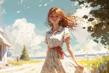A woman enjoying sunlight and wind breeze outdoor in a sunny day at spring time