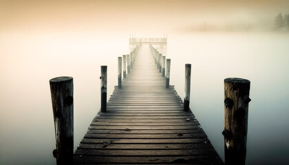 An old wooden pier leading into a misty lake - Generative AI