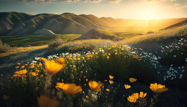a sun-drenched field of wildflowers with rolling hills in the background - Generative AI