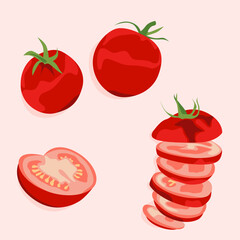 Tomatoes whole and cut into slices. Vegetables illustration. Agriculture. Healthy food.