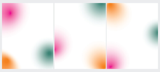 Fototapeta premium Set of 3 Vector Layouts with Pink, Green and Orange Gradient Circles on a White Backgound. Simple Geometric Minimalist Prints without Text ideal for Cover, Flayer, Banner, Blanks. Round Blurry Spots.