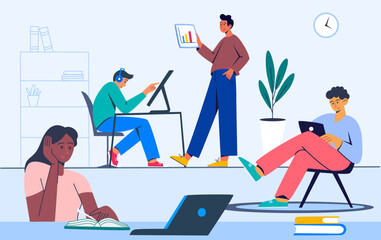 Coworking. People talk and work at computers in an open space office. The concept of a coworking center. Business meeting. A multicultural team. General working environment. Vector flat illustration. 