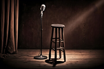 Poster background for stand up comedy stage microphone with reflectors ray. Concept open mic for monologue. Generation AI - obrazy, fototapety, plakaty