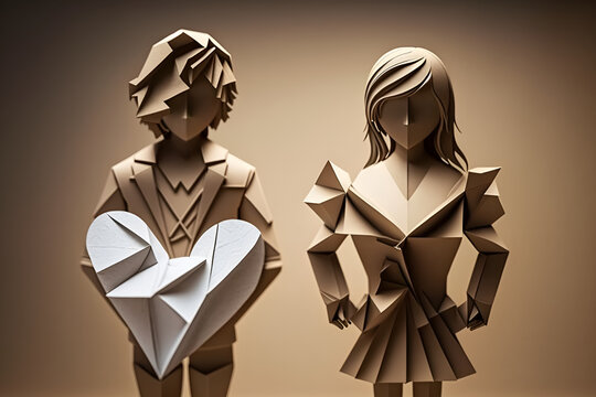 Discover this stunning origami paper art of a loving couple embracing a heart .perfect for Valentine's Day. This eye-catching photo captures the essence of love and makes a great addition 