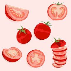 Whole tomato, tomato slices. Vector image. Healthy vegetables illustration. Diet food.