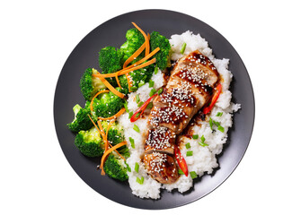Plate of teriyaki chicken with vegetables and rice isolated on transparent background, top view