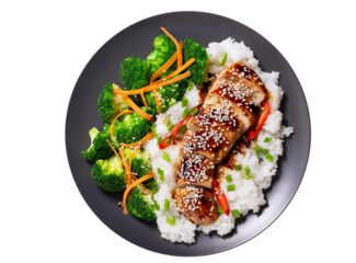Plate of teriyaki chicken with vegetables and rice isolated on transparent background, top view