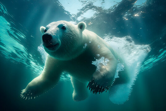 Large polar bear submerged and diving to hunt under water in the ocean. Generative AI
