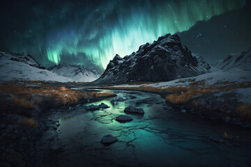 Naklejka premium Aurora borealis northern landscape. Generative AI