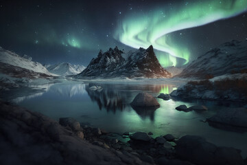Aurora borealis northern landscape. Generative AI