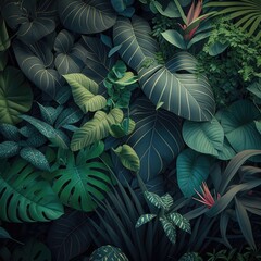 Tropical jungle background, green leaves background post, advertisement generative ai