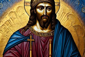 Traditional byzantine style Orthodox icon of Jesus Christ on a blue and gold background, eastern Orthodox painting of God and human Jesus