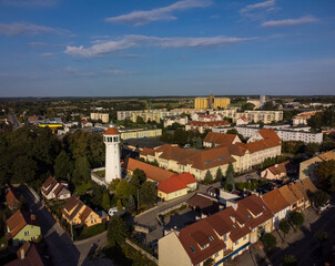 Fototapeta na wymiar Olsztynek, aerial view of the landmarks like Town Hall, Castle and the Tower