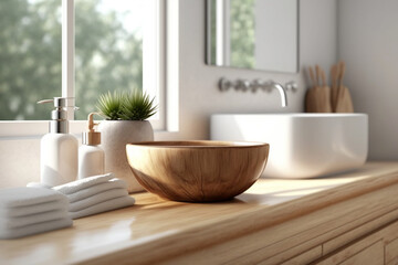 Fototapeta premium Perspective light brown wooden table, counter in the bathroom, mock-up for montage products display or design layout, Generative AI