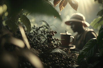 Harvesting coffee on a coffee plantation. The coffee production industry.Generative AI - obrazy, fototapety, plakaty
