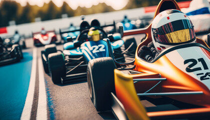 Obraz premium A karting course with cars, turns and finish lines - Generative AI