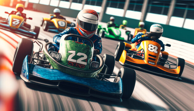 A karting course with cars, turns and finish lines - Generative AI