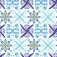 Portugal blue tile pattern. Seamless ornament. Hand drawn curve, floral mosaic. Arabic or azulejo ceramic. Print for textile, wrapping paper, wallpaper design. Oriental decor vector illustration
