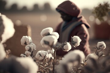 Hand picking cotton in the cotton fields. Generative AI - obrazy, fototapety, plakaty