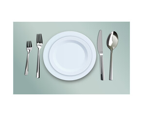 Dining plates setup with knife, spoon, forks, vector illustration
