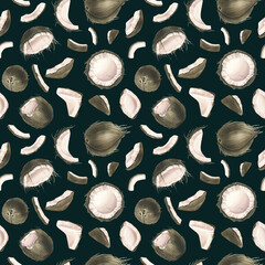 Coconuts of different shapes, halves and pieces. Watercolor illustration. Seamless pattern on a black background from the COCONUT collection. For decoration and design of fabric, wallpaper.