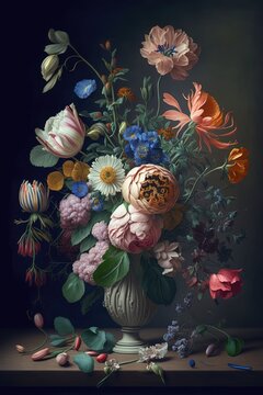 Flower Still Life Bouquet in Vintage Vase, Ancient Dutch Masters Imitation, Abstract Generative AI Illustration