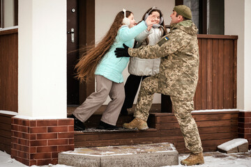 Ukraine Soldier of Armed Forces Ukraine returned Home. Family Reunion, Children of Ukrainian...