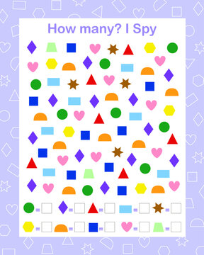 Geometric shapes I spy, How many counting educational game for kids with colorful objects vector illustration, educational puzzle, printable worksheet, leisure or study activity, teachers resources