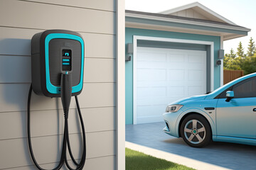 Fototapeta na wymiar Focus progressive electric vehicle recharging at home charging station using clean and renewable energy