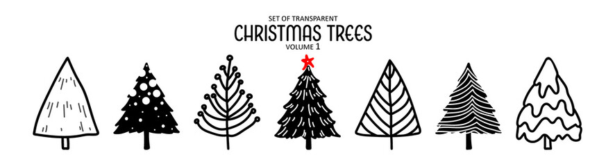 Fototapeta premium Cute hand drawn isolated black outline Christmas trees on transparent background png file (Volume 1)