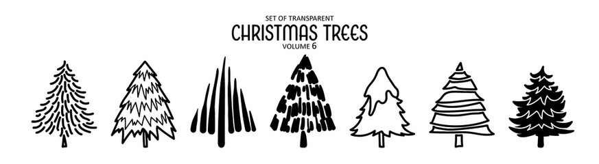 Cute hand drawn isolated black outline Christmas trees on transparent background png file (Volume 6)