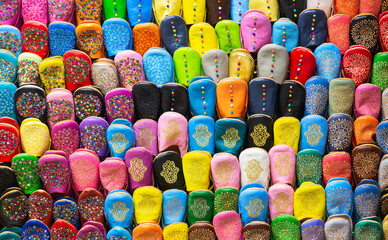 Colorful Babouche slippers - Traditional Moroccan footwear at the bazaar in Marocco