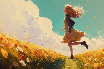 Fototapeta premium Picture of Happy girl have a run outdoors on the field at spring, dynamic scene, view from below, ai generated