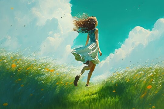 Picture of Happy girl have a run outdoors on the field at spring, dynamic scene, view from below, ai generated