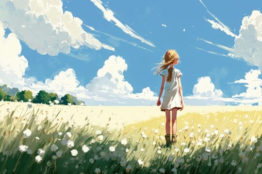 Picture of Happy girl have a walk outdoors on the field at spring, dynamic scene, view from below, ai generated